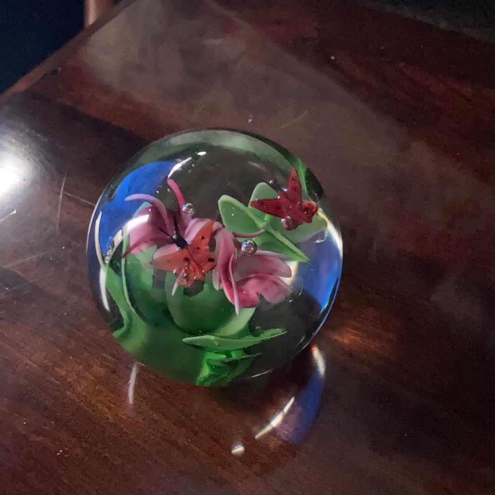 Flower and Butterflies Glass Paperweight